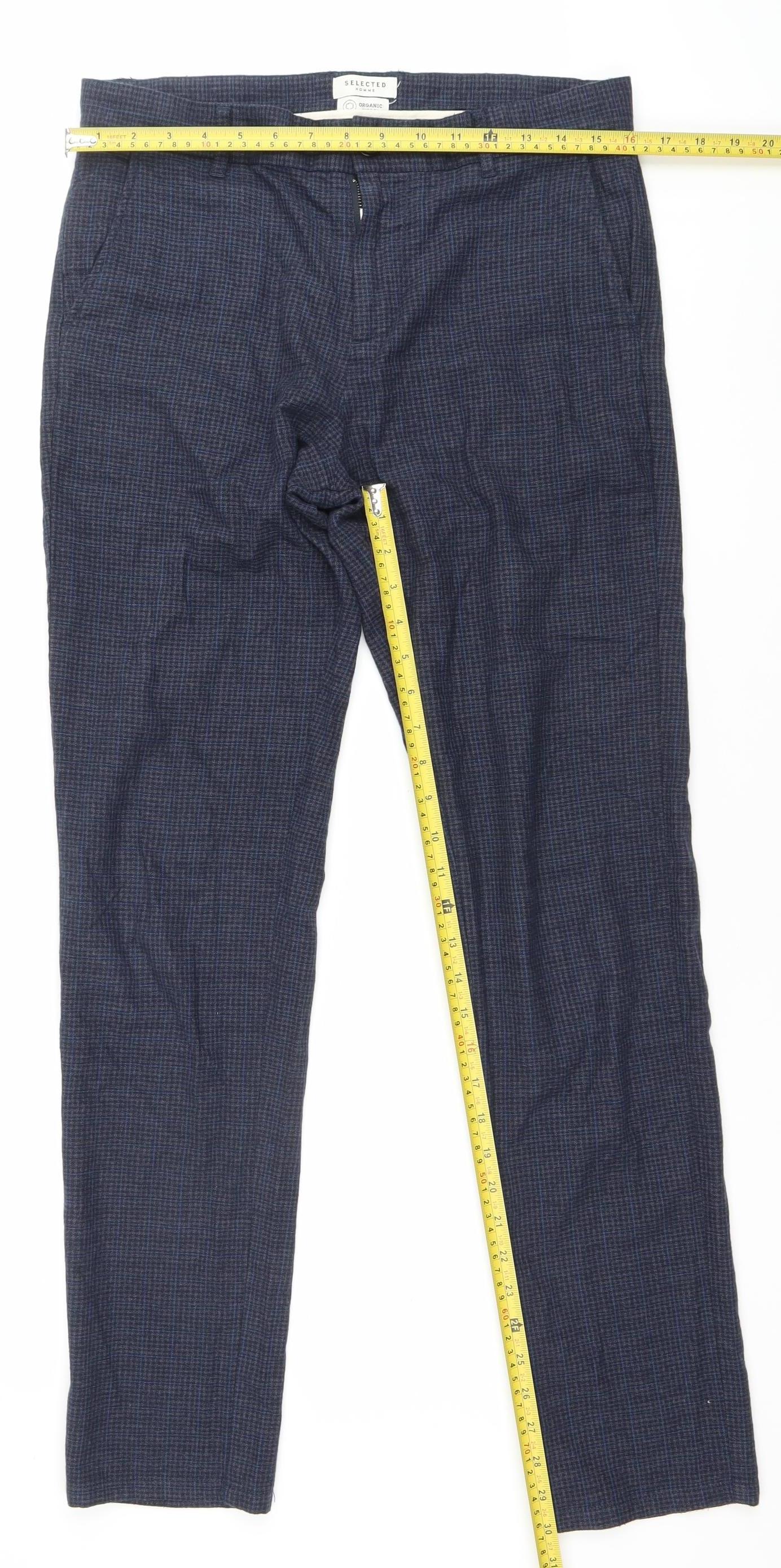 SELECTED HOMME Men’s Blue Check Slim Fit Chino Trousers L 34W 32L