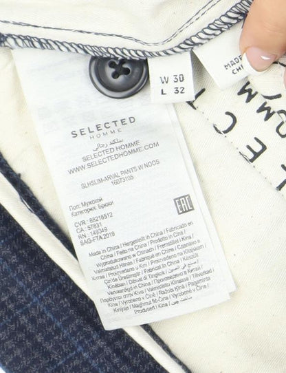 SELECTED HOMME Men’s Blue Check Slim Fit Chino Trousers L 34W 32L
