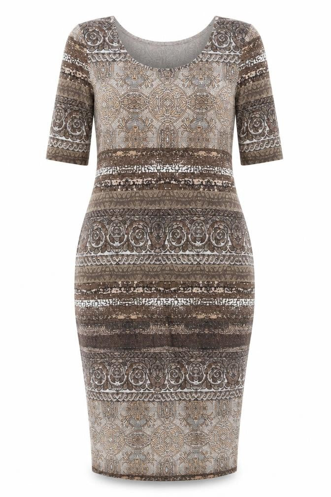 Front view of Wallis Women Brown Geometric Bodycon Dress, size 10, Knee Length