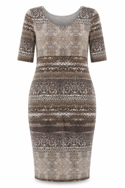 Front view of Wallis Women Brown Geometric Bodycon Dress, size 10, Knee Length