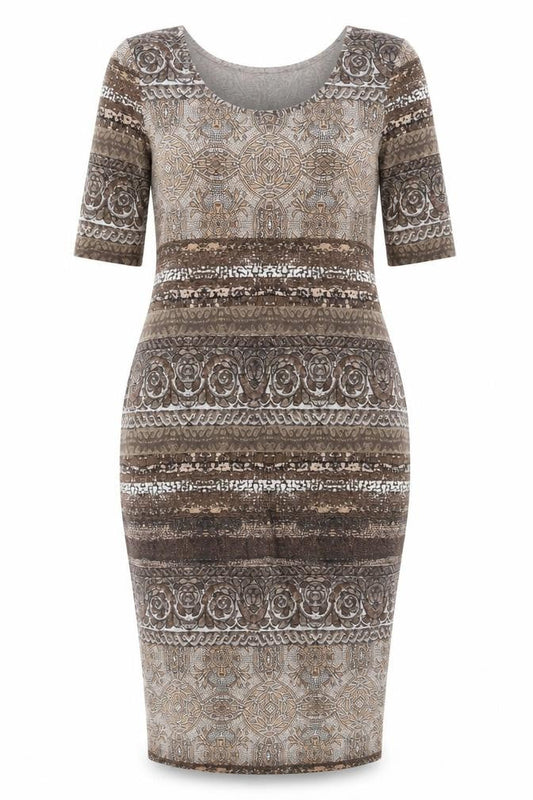 Front view of Wallis Women Brown Geometric Bodycon Dress, size 10, Knee Length