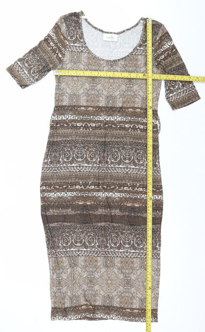 Wallis Women Brown Geometric Bodycon Dress Size 10 Knee Length