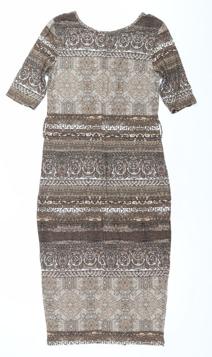 Wallis Women Brown Geometric Bodycon Dress Size 10 Knee Length