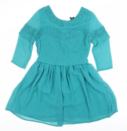 Topshop Women Green Size 8 Fit & Flare Embroidered Party Dress