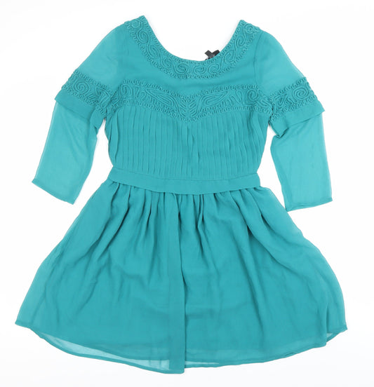 Topshop Women Green Size 8 Fit & Flare Embroidered Party Dress