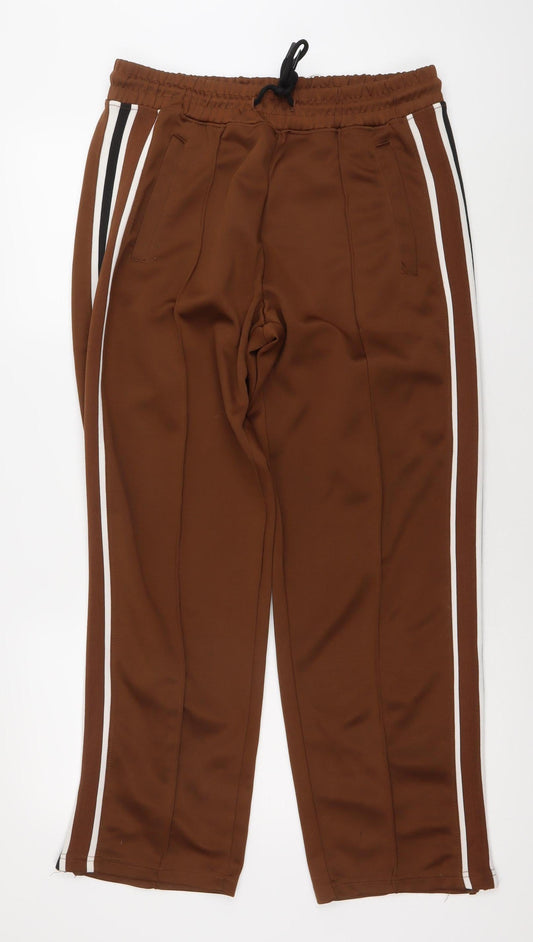 Bershka Men’s Brown Track Pants L Side Stripe Elastic Waist
