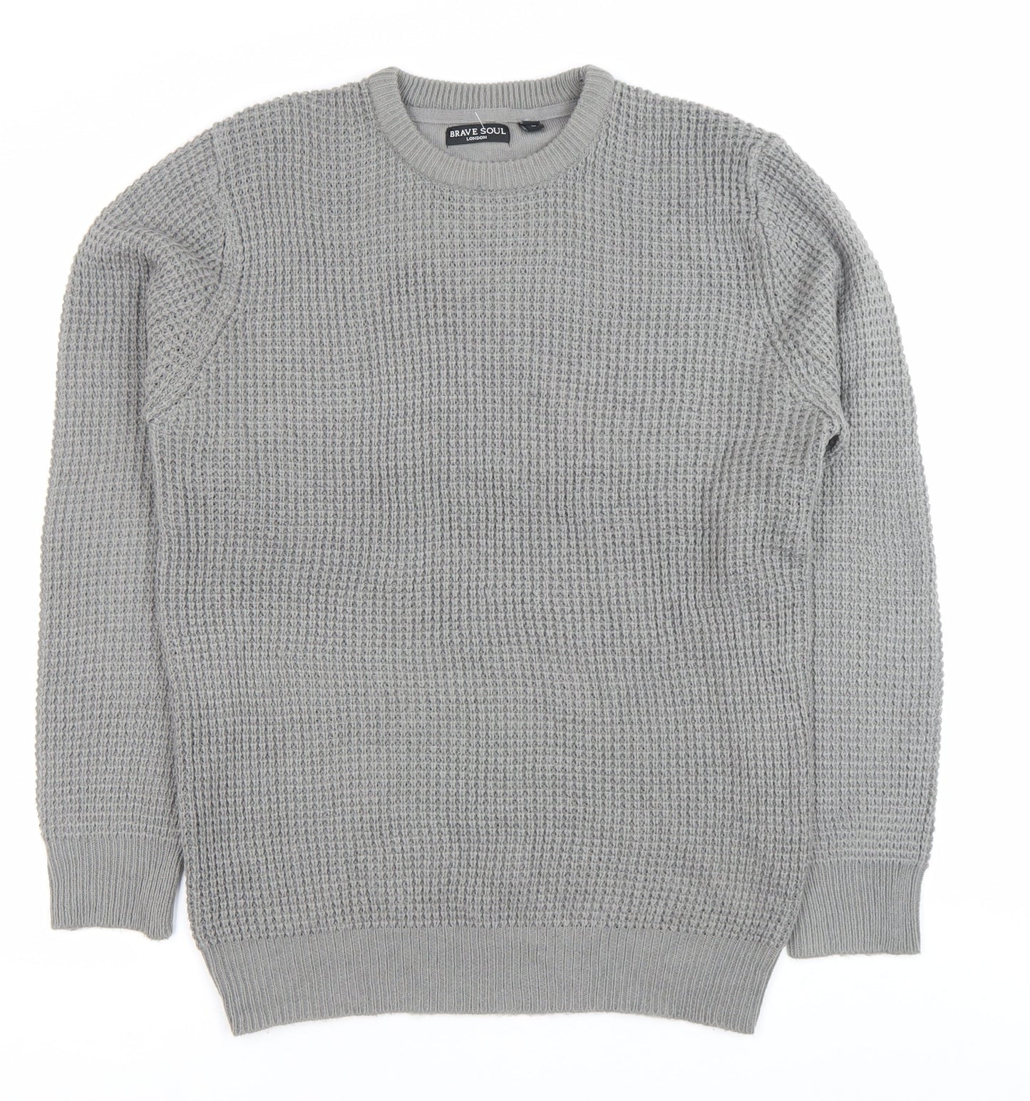 Brave Soul Men’s Grey Waffle-Knit Crew Neck Jumper Size L