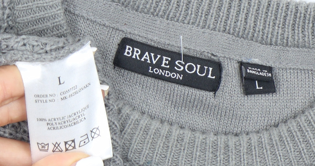 Brave Soul Men’s Grey Waffle-Knit Crew Neck Jumper Size L