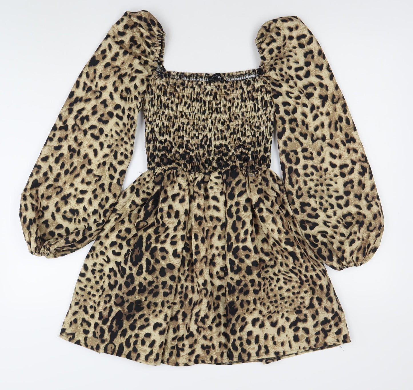 PrettyLittleThing Women’s Brown Leopard Mini Dress Size 2 Puff Sleeve