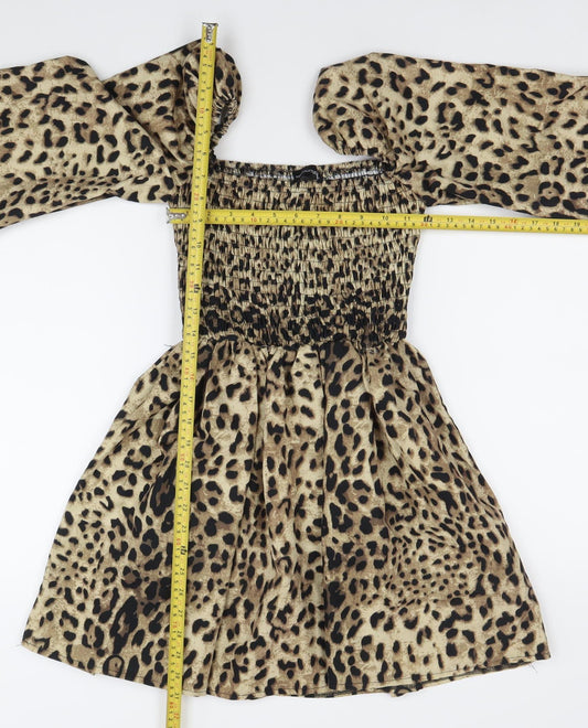 PrettyLittleThing Women’s Brown Leopard Mini Dress Size 2 Puff Sleeve