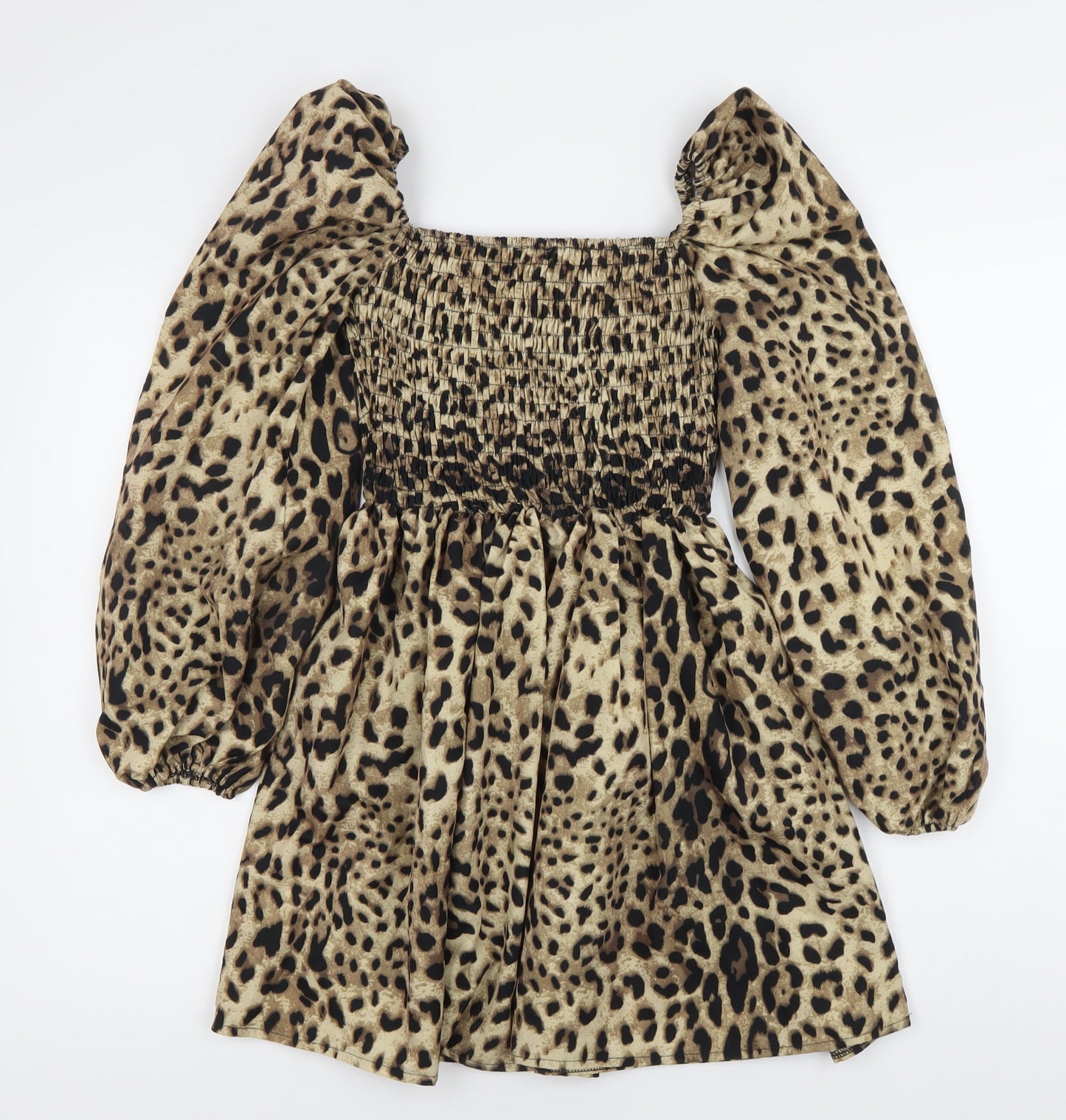 PrettyLittleThing Women’s Brown Leopard Mini Dress Size 2 Puff Sleeve