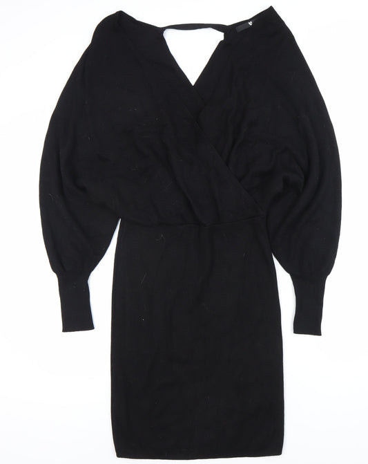 Very Women's Black Size 14 Knit Bodycon Dress Long Sleeve V-Neck