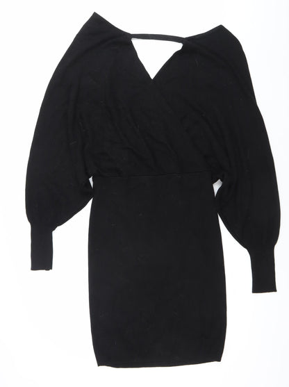 Very Women's Black Size 14 Knit Bodycon Dress Long Sleeve V-Neck