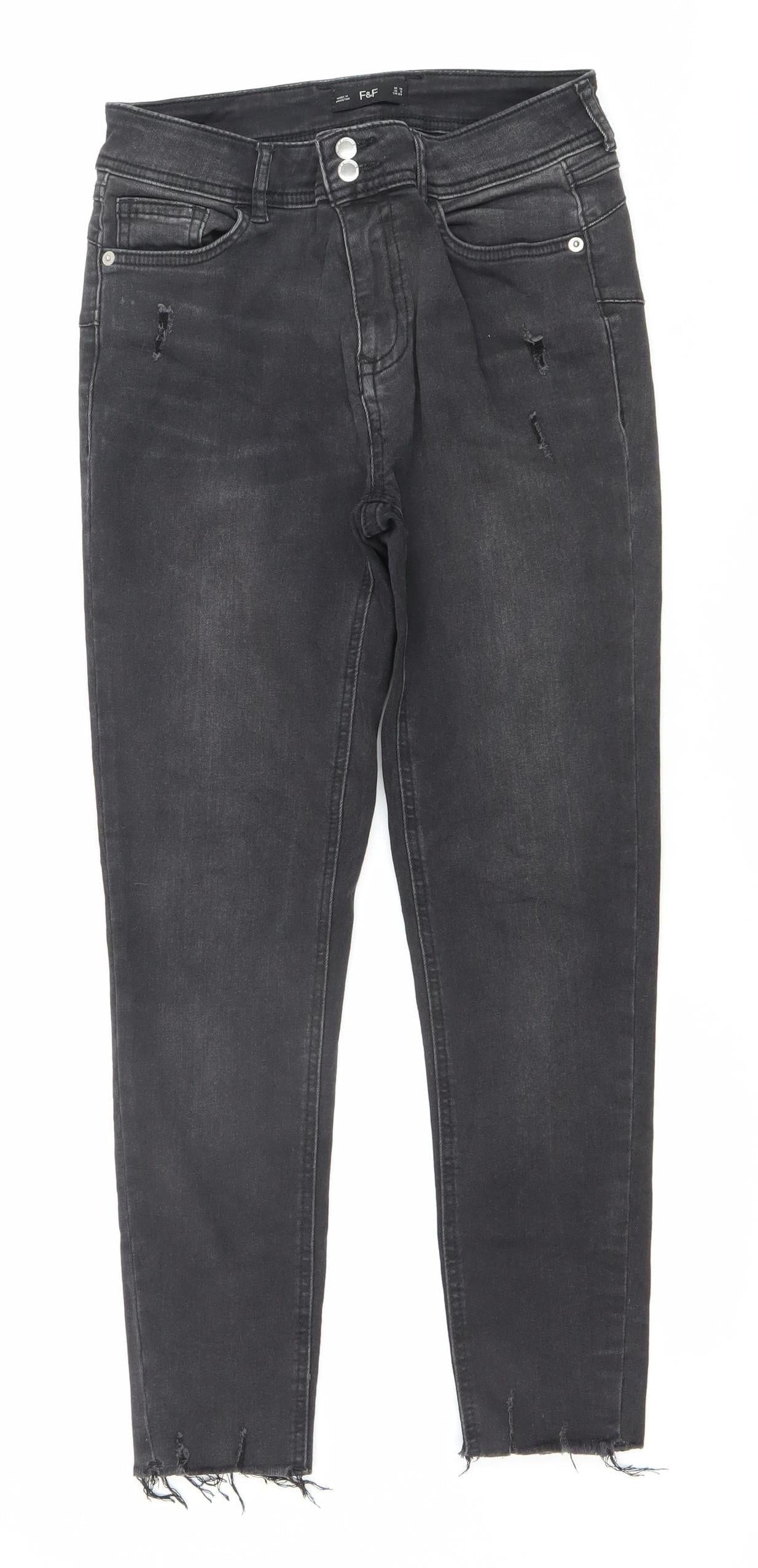 F&F Women's Black Skinny Jeans UK 10 Regular Fit Distressed Denim