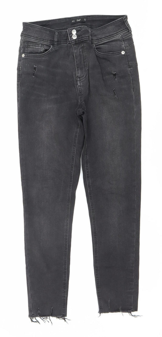 F&F Women's Black Skinny Jeans UK 10 Regular Fit Distressed Denim