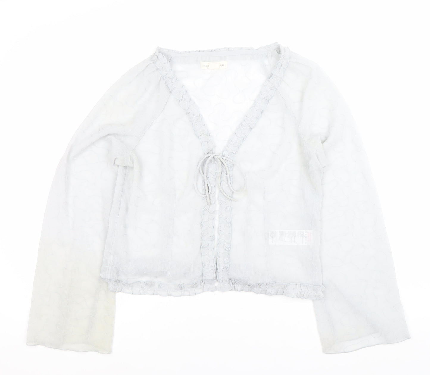 Light Before Dark Women’s Grey Wrap Blouse L Ruffle Tie Sheer Spring