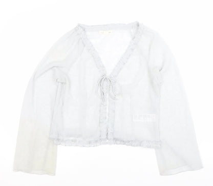 Light Before Dark Women’s Grey Wrap Blouse L Ruffle Tie Sheer Spring