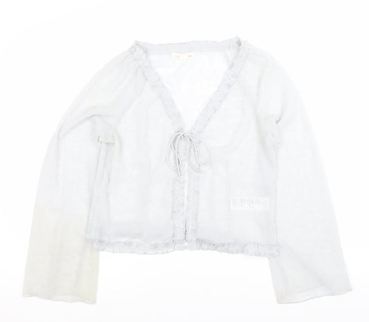 Light Before Dark Women’s Grey Wrap Blouse L Ruffle Tie Sheer Spring