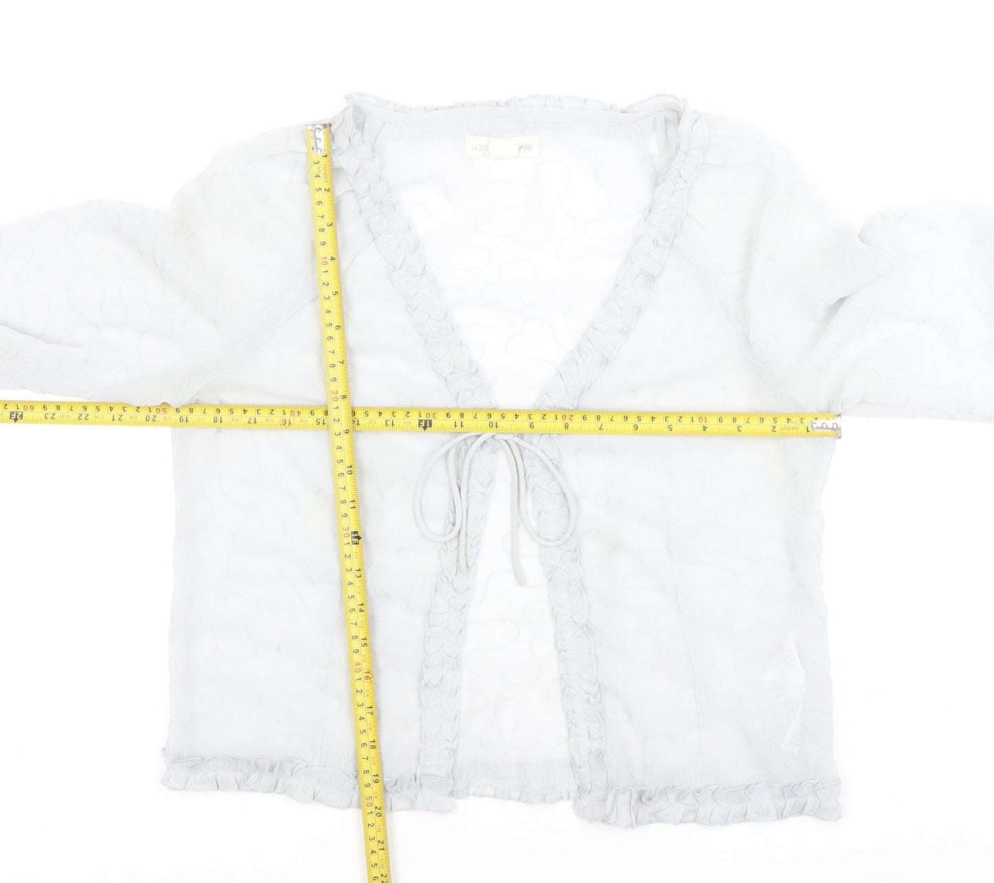 Light Before Dark Women’s Grey Wrap Blouse L Ruffle Tie Sheer Spring