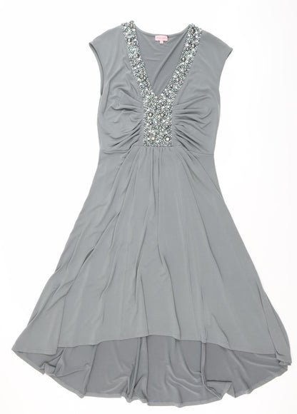 Frank Lyman Women's Grey Size 12 Beaded V-Neck Fit & Flare Dress