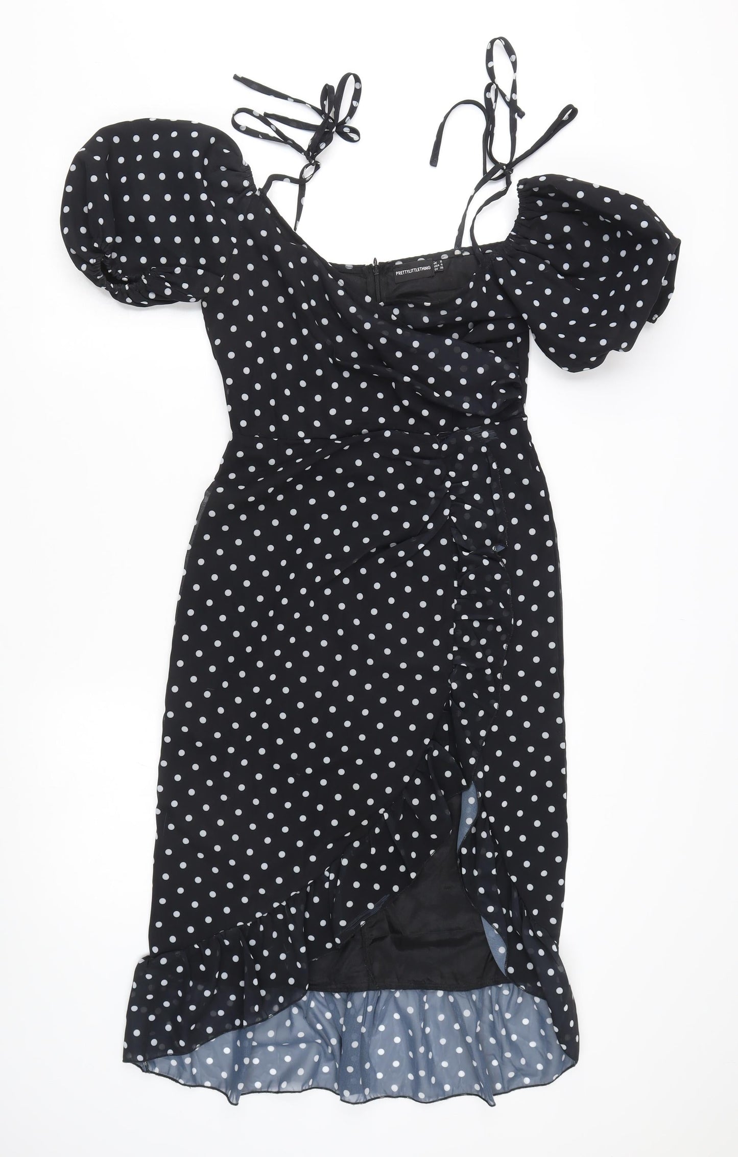 PrettyLittleThing Women's Black Polka Dot Midi Wrap Dress Size 4