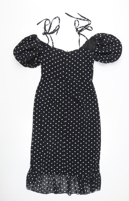 PrettyLittleThing Women's Black Polka Dot Midi Wrap Dress Size 4