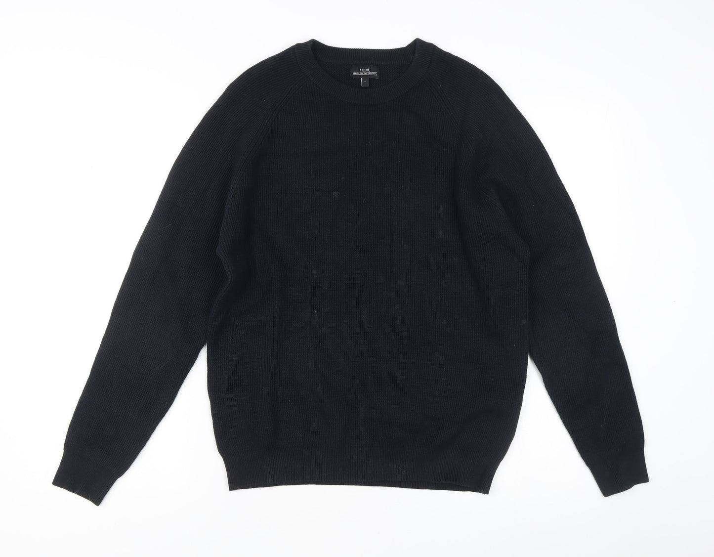 Next Men's Black Cotton Waffle-Knit Crew Neck Jumper L Regular Fit