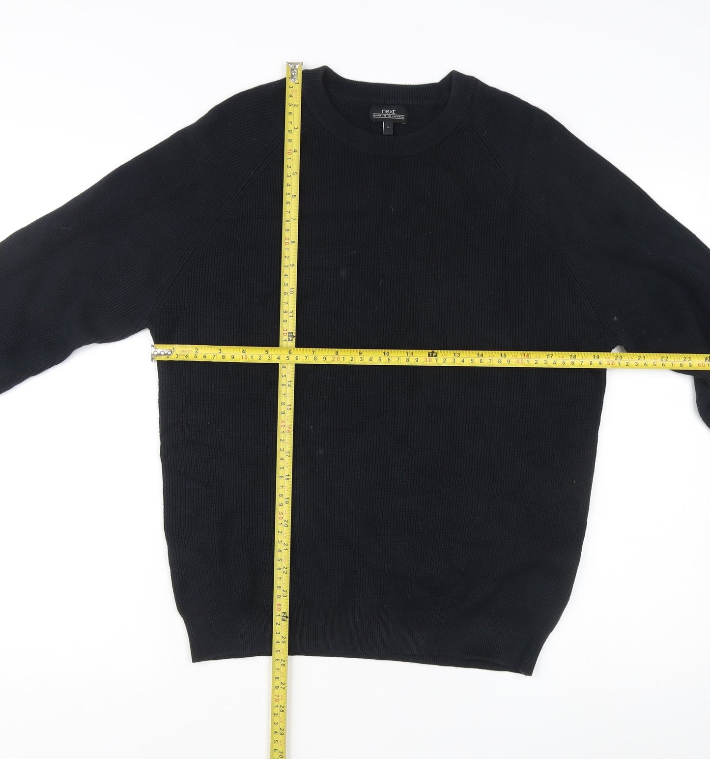 Next Men's Black Cotton Waffle-Knit Crew Neck Jumper L Regular Fit
