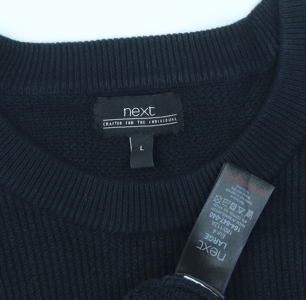 Next Men's Black Cotton Waffle-Knit Crew Neck Jumper L Regular Fit