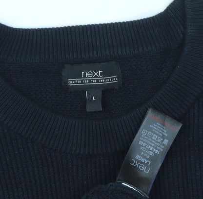 Next Men's Black Cotton Waffle-Knit Crew Neck Jumper L Regular Fit