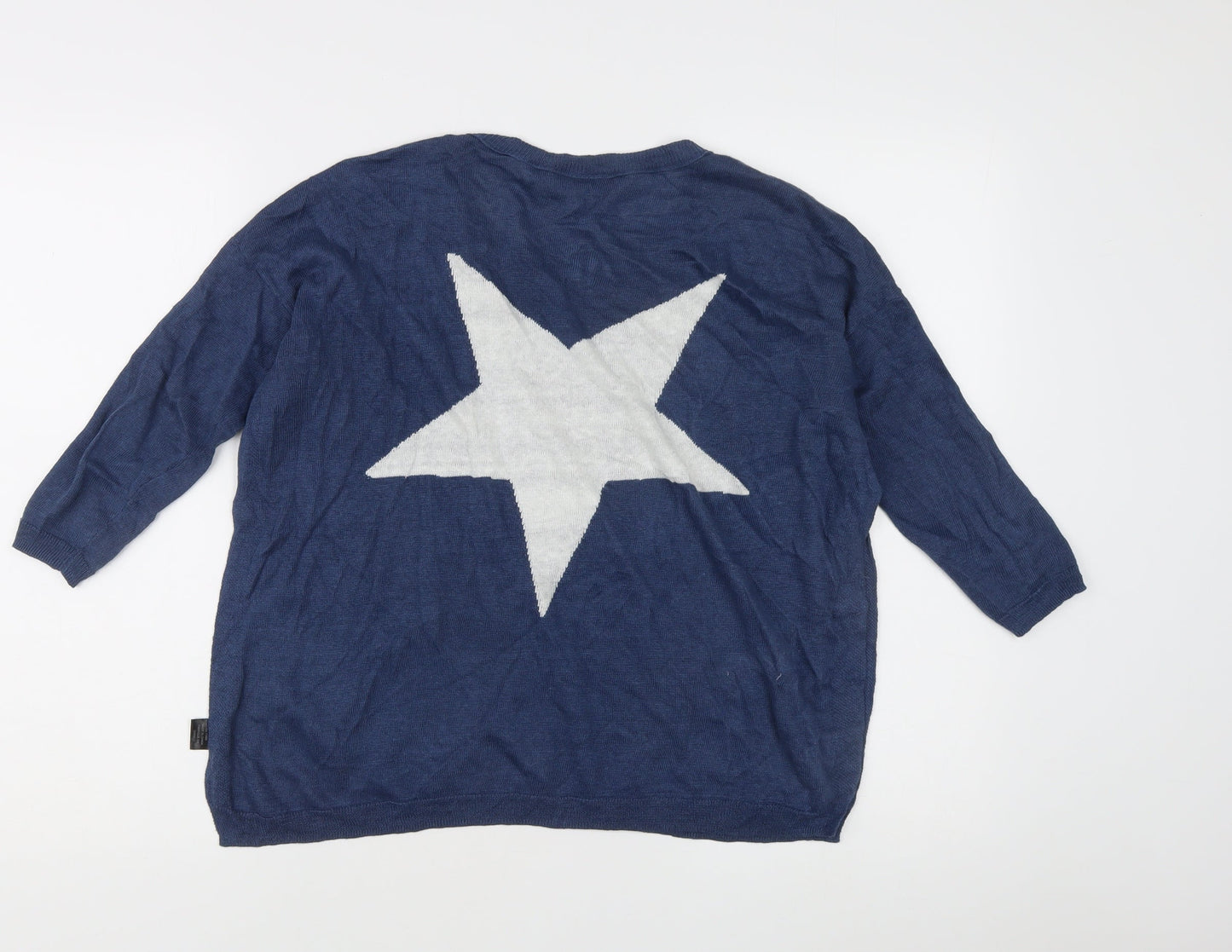 360 Sweater Women's Blue XS Linen Star Print 3/4 Sleeve Pullover