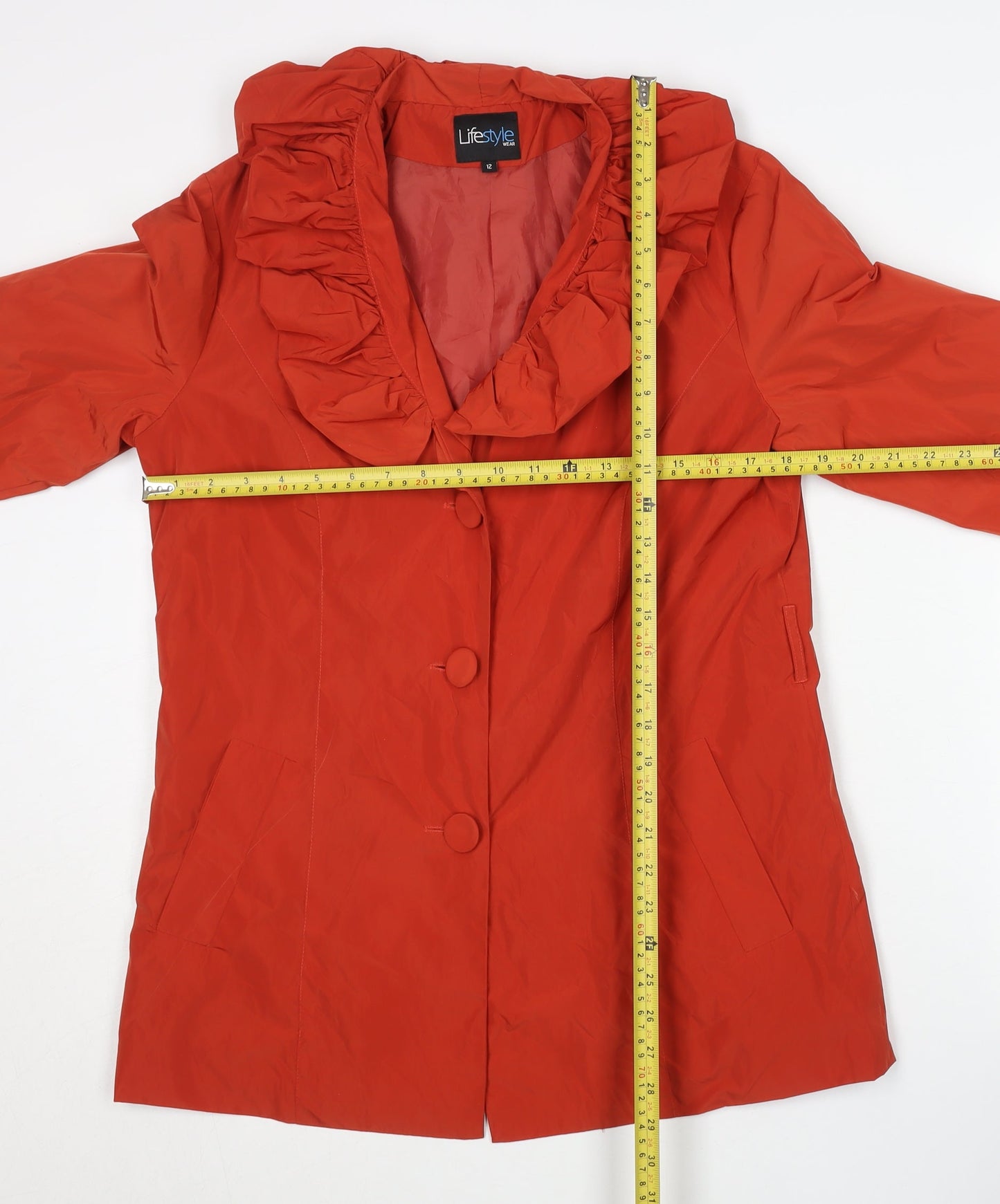 Lifestyle Women’s Red Ruffle Neck Mid-Length Jacket Size 12