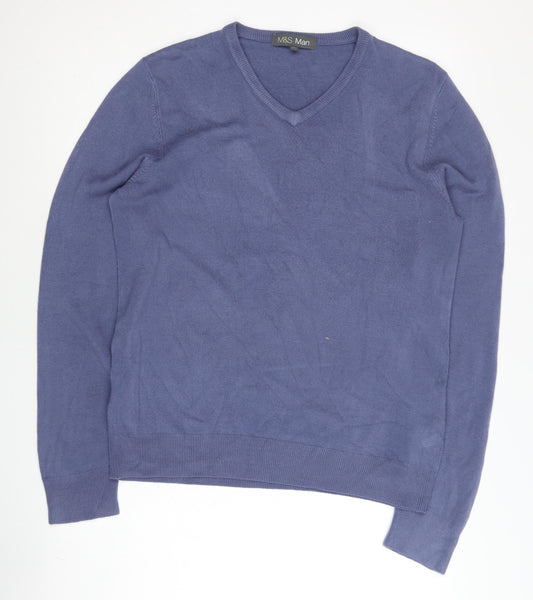 Marks and Spencer Men's Blue M V-Neck Acrylic Pullover Jumper
