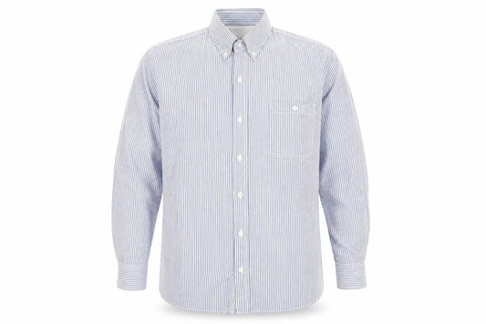 Front view of Easy men’s blue striped cotton long sleeve button-up shirt xl regular fit