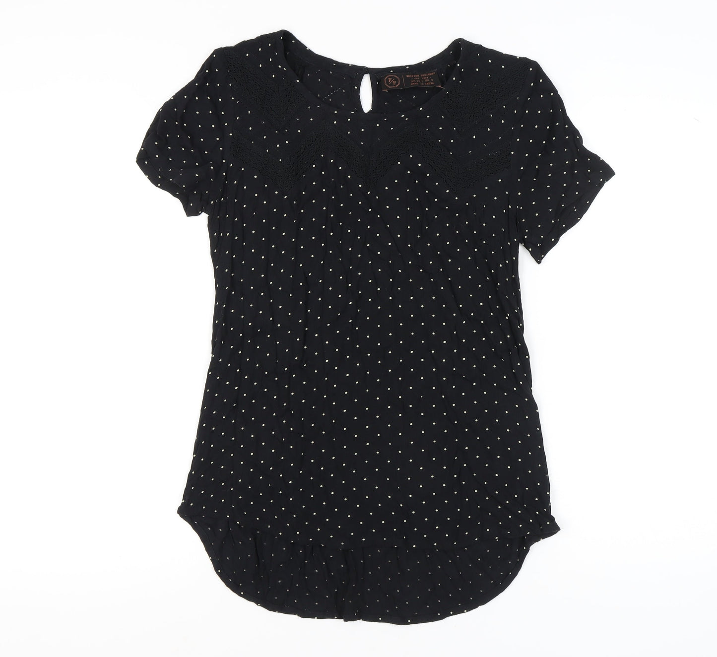 F&F Women’s Black Polka Dot Crochet Trim Tunic Blouse Size 10