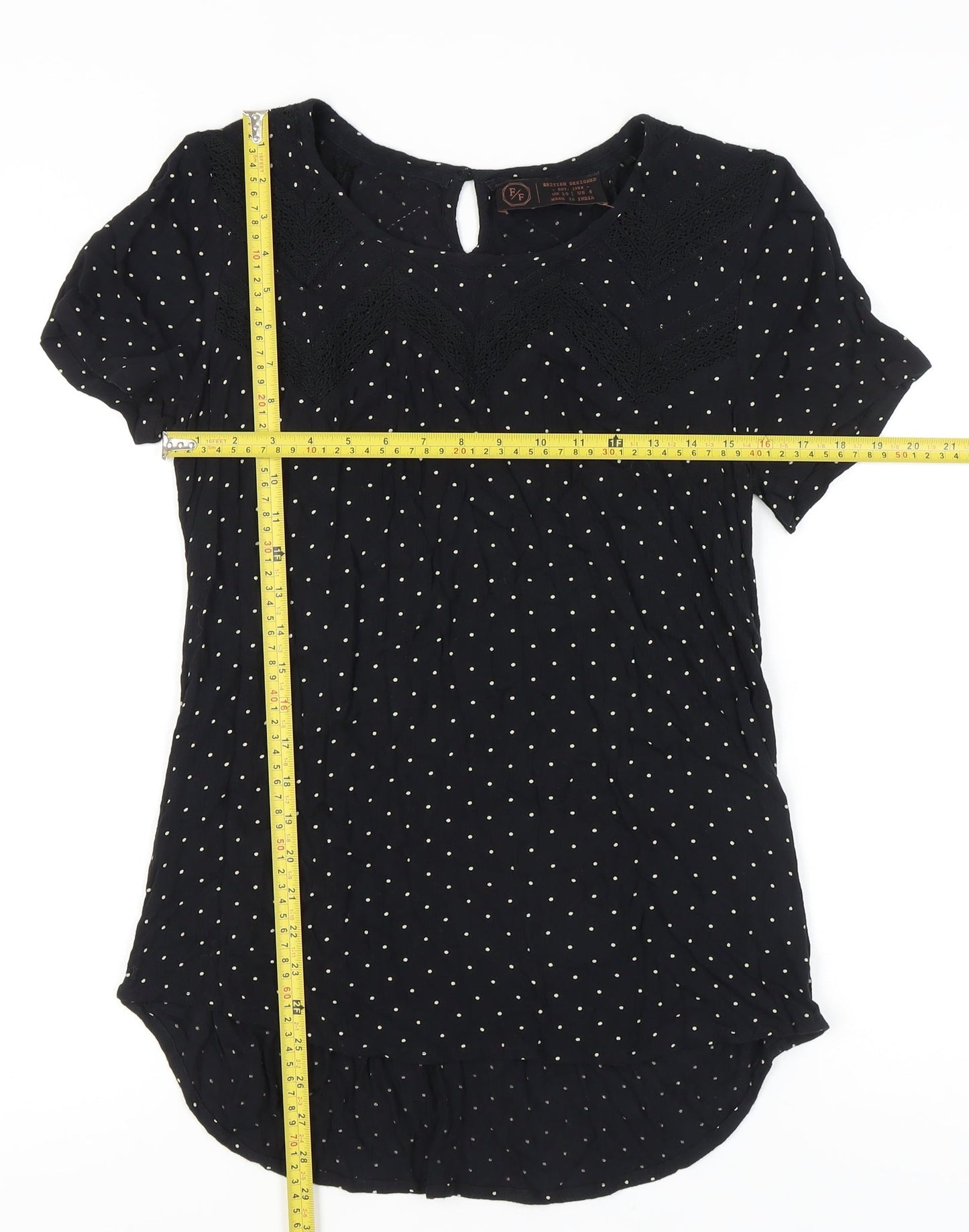 F&F Women’s Black Polka Dot Crochet Trim Tunic Blouse Size 10