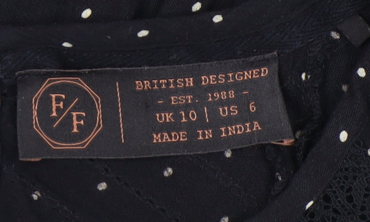 F&F Women’s Black Polka Dot Crochet Trim Tunic Blouse Size 10