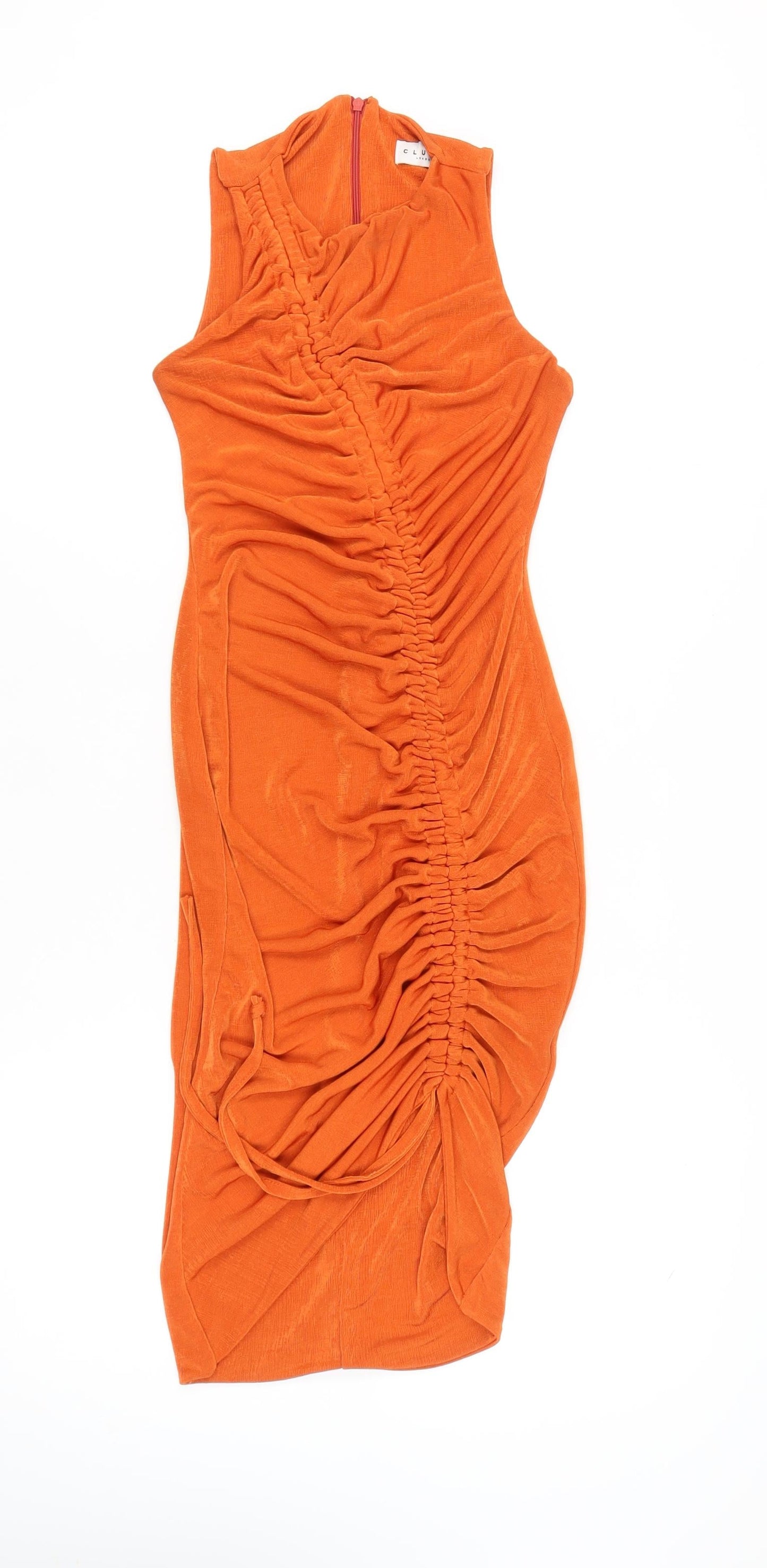 Club L London Women’s Orange Bodycon Midi Dress UK 12 Ruched High Neck