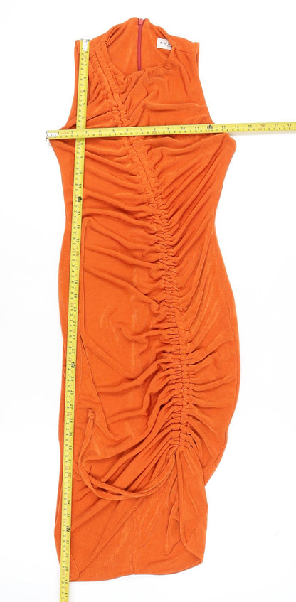 Club L London Women’s Orange Bodycon Midi Dress UK 12 Ruched High Neck