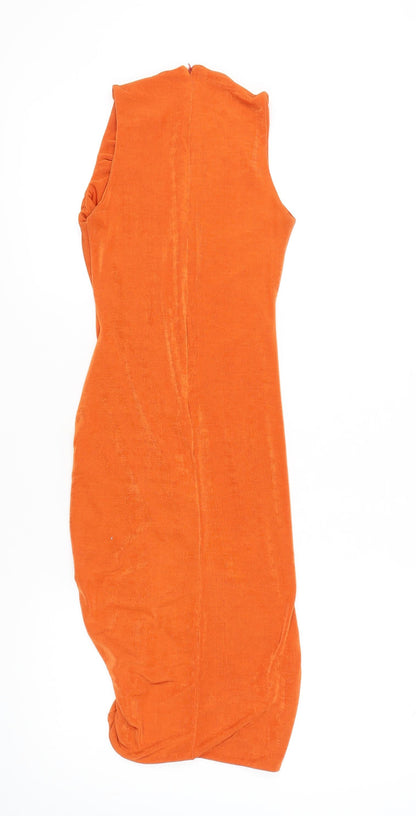 Club L London Women’s Orange Bodycon Midi Dress UK 12 Ruched High Neck