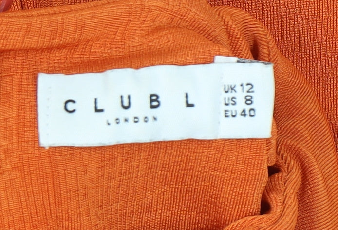 Club L London Women’s Orange Bodycon Midi Dress UK 12 Ruched High Neck