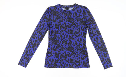 Seven Sisters Women's Blue Leopard Print Mesh Long Sleeve XS