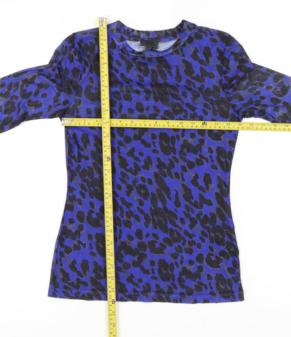 Seven Sisters Women's Blue Leopard Print Mesh Long Sleeve XS