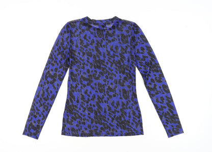 Seven Sisters Women's Blue Leopard Print Mesh Long Sleeve XS