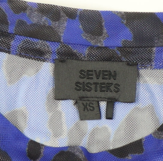 Seven Sisters Women's Blue Leopard Print Mesh Long Sleeve XS