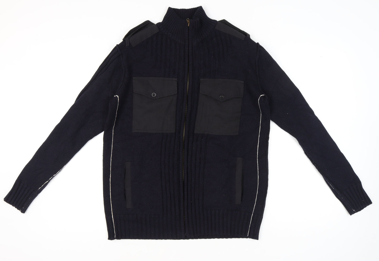 TOD HARVEY Men's Black L Full Zip Cotton Army Style Jumper