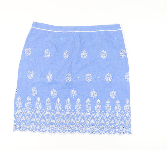 Laura Ashley Women’s Blue Embroidered Cotton Knee Length Skirt Size 16