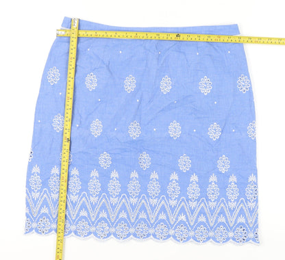 Laura Ashley Women’s Blue Embroidered Cotton Knee Length Skirt Size 16