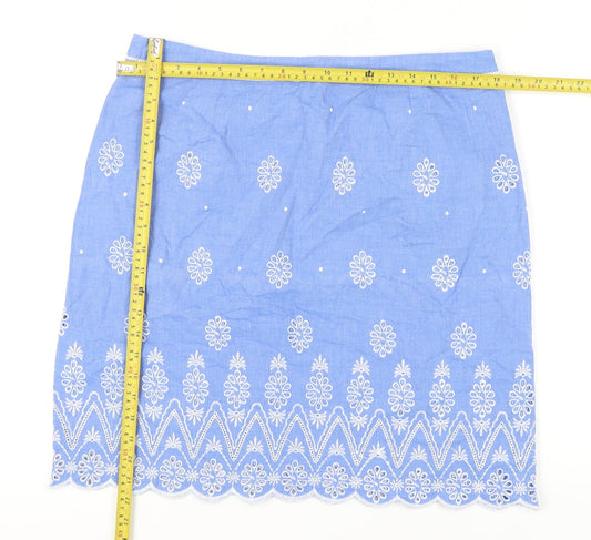 Laura Ashley Women’s Blue Embroidered Cotton Knee Length Skirt Size 16