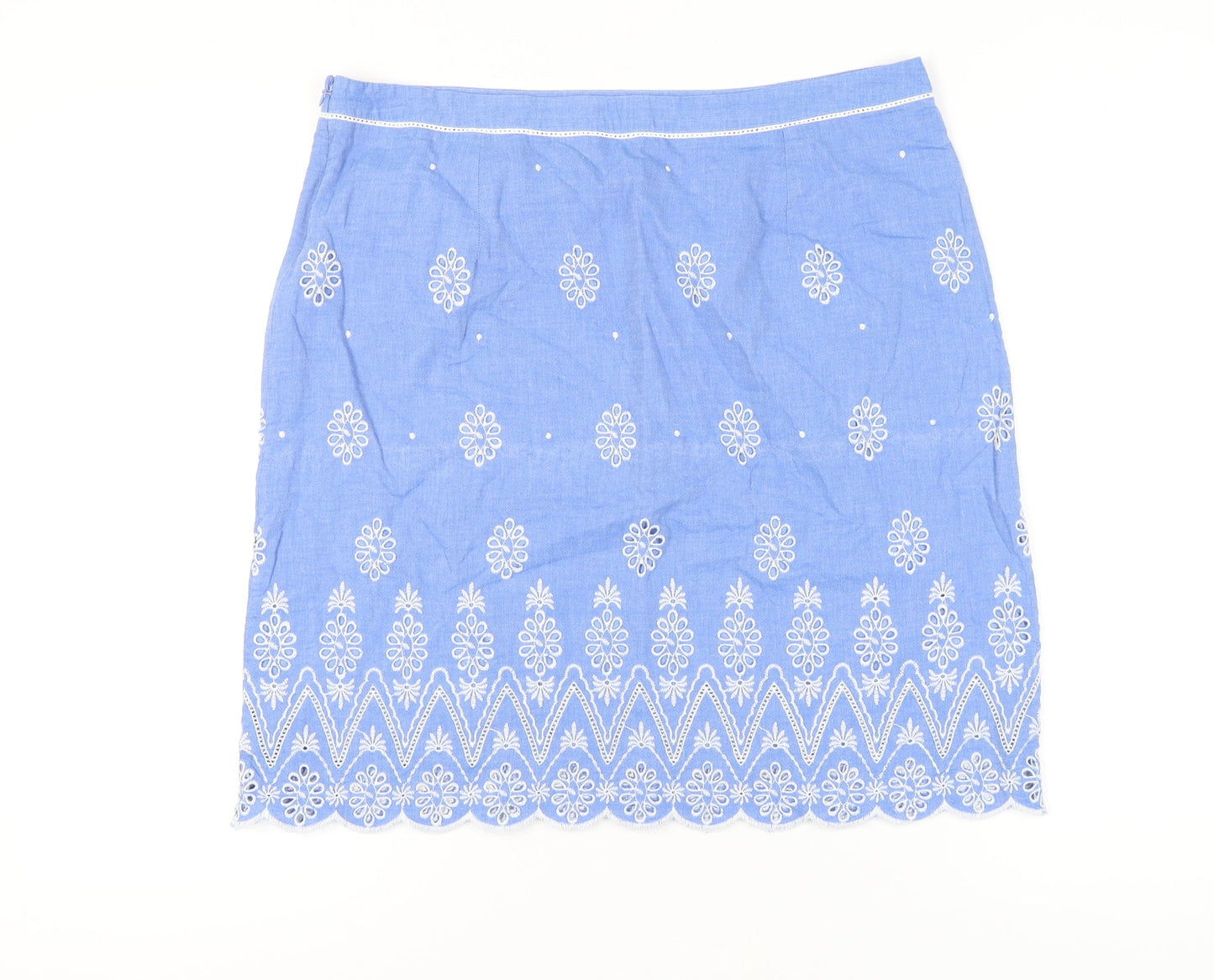 Laura Ashley Women’s Blue Embroidered Cotton Knee Length Skirt Size 16